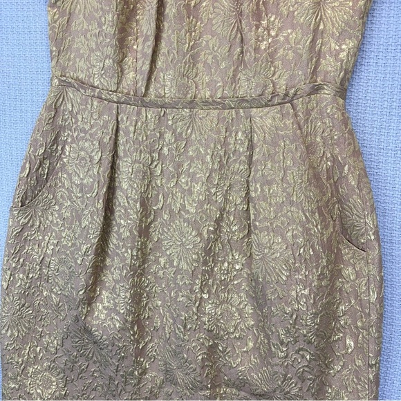 J. Crew Gold Brocade Mini Cocktail Dress Sz 10 Metallic Floral Pockets Silk Vtg - Picture 4 of 8